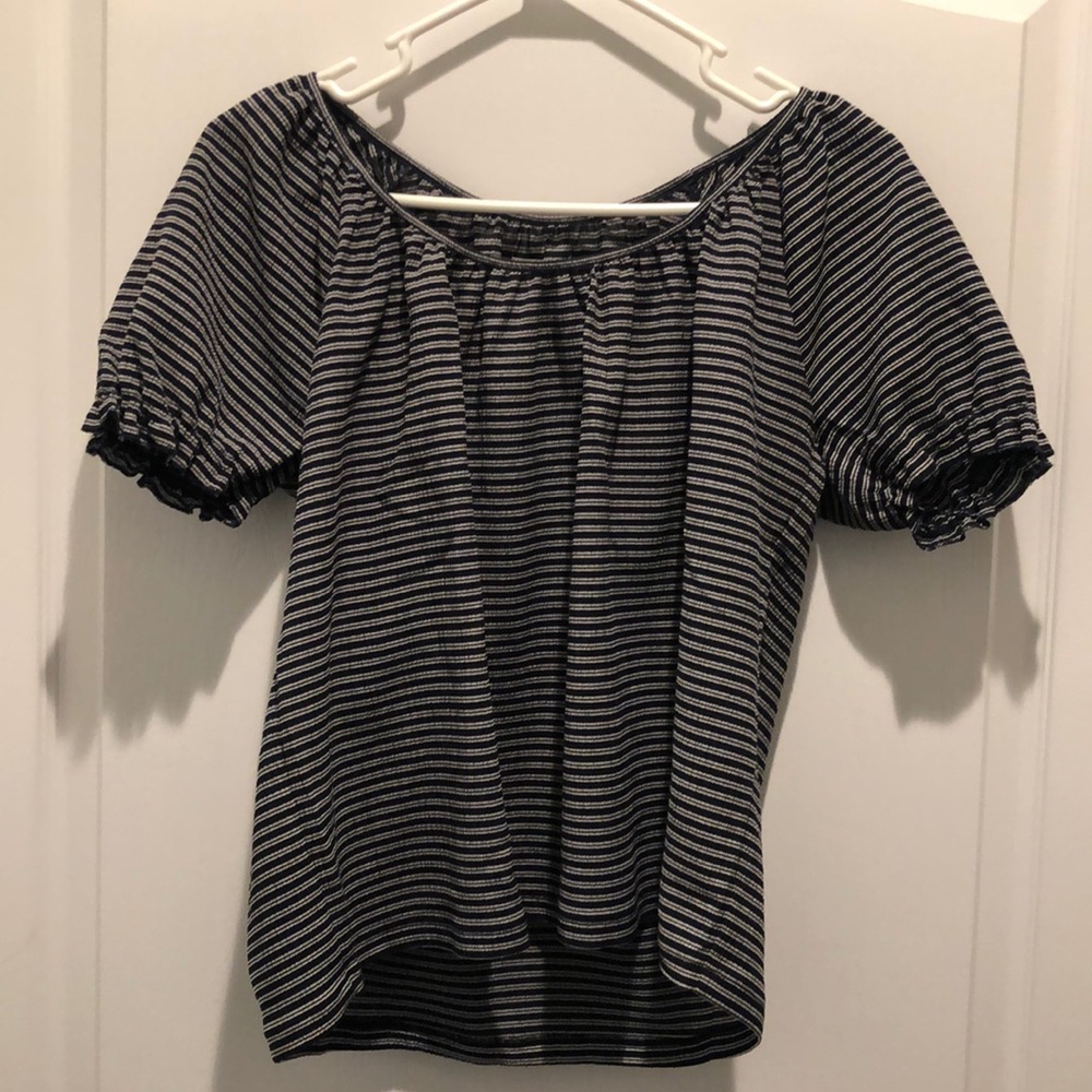 Madewell texture & thread short sleeve blouse, navy and white stripes, s…